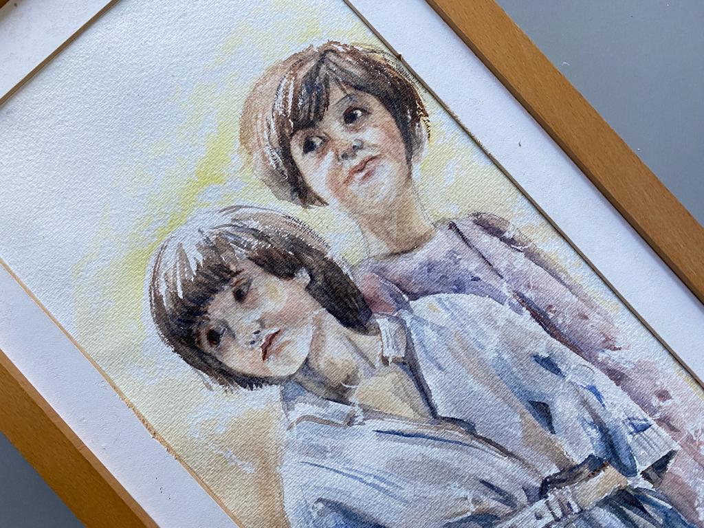 Aquarel van twee kinderen. Jaren 60, Ophalen of Verzenden