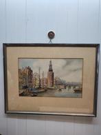 Vintage Aquarel: Amsterdamse Gracht met Montelbaanstoren, Antiek en Kunst, Kunst | Schilderijen | Klassiek, Ophalen of Verzenden