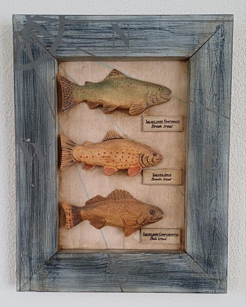 Houten schilderij met 3 forellen, Antiek en Kunst, Ophalen of Verzenden