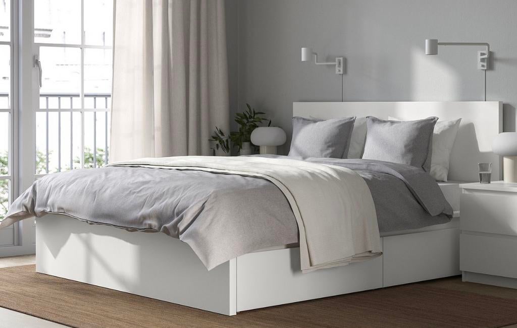 Malm bed hoog 160x200, Ophalen, Wit, Tweepersoons, Zo goed als nieuw