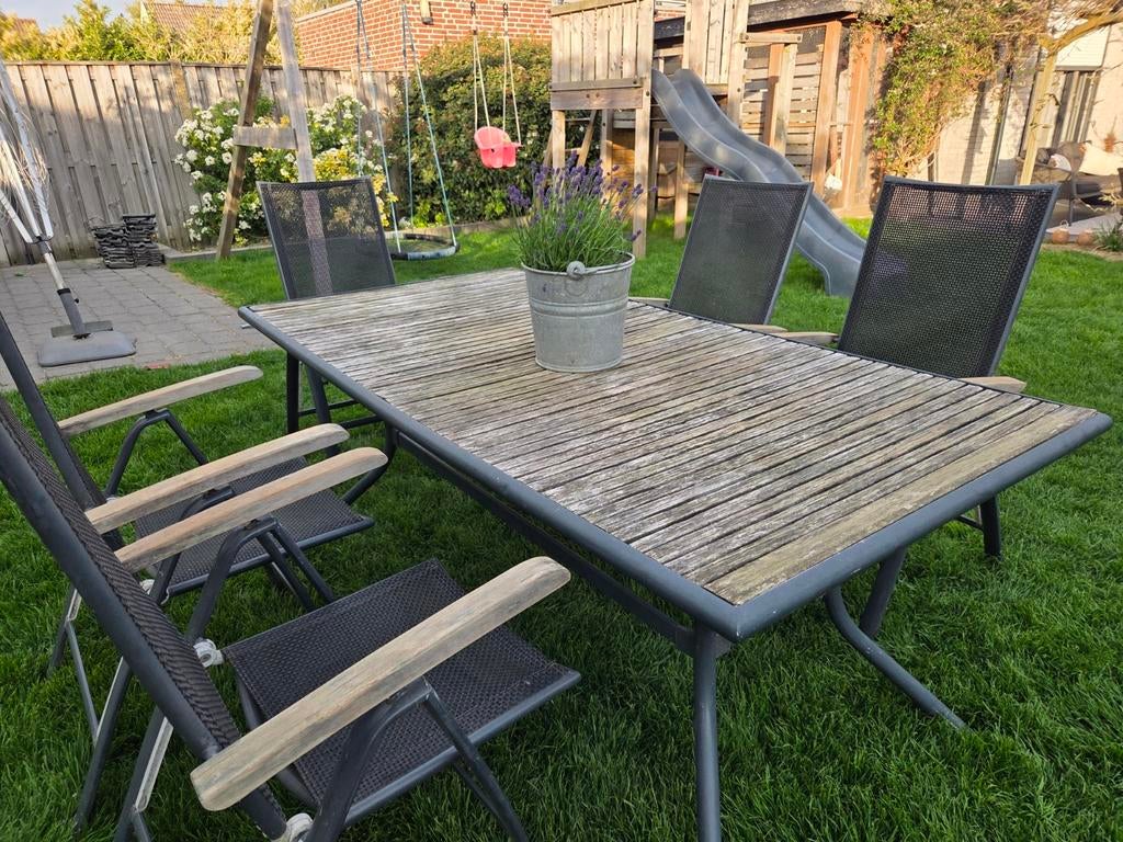 Tuinset met tafel en 5 tuinstoelen, Tuin en Terras, Tuinsets en Loungesets, Ophalen, 5 zitplaatsen, Gebruikt, Teakhout
