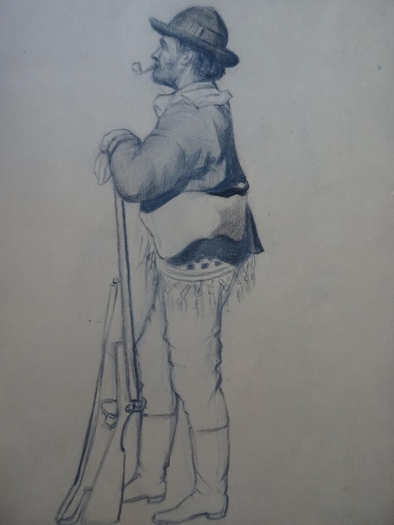 Tekening rustende jager met stenen pijp en geweer, jaren 20, Verzenden