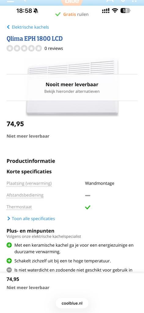 Qlima EPH 1800 LCD elektrische paneelverwarming wit, Huis en Inrichting, Ophalen, Gebruikt, Overige soorten, Elektrisch