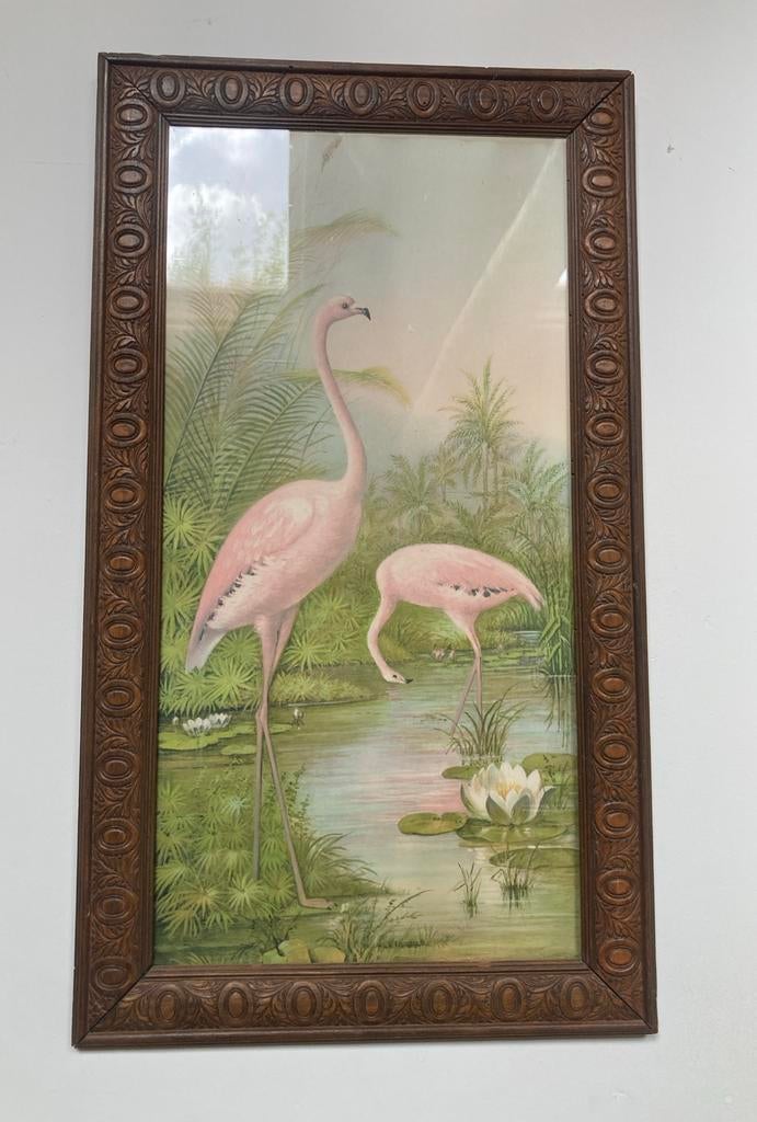 Twee schilderijen flamingo's en reigers art deco stijl, Antiek en Kunst, Ophalen