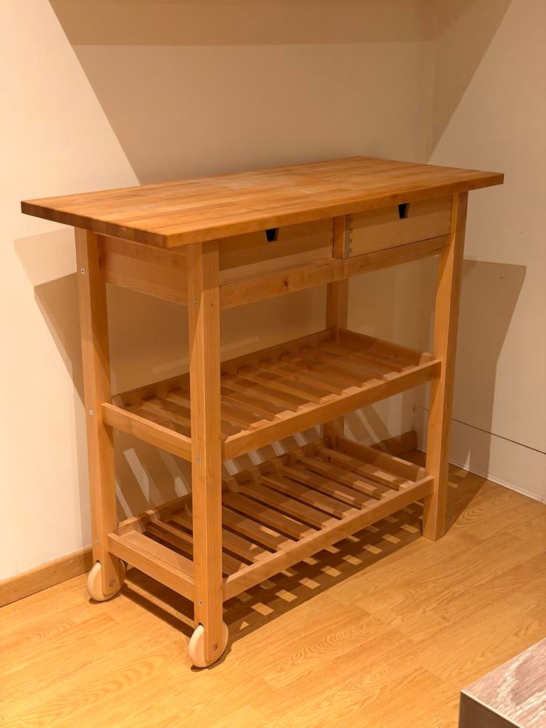 Ikea bamboe keukentrolley met lades  (FÖRHÖJA roltafel), Ophalen, Bruin, 100 tot 150 cm, 100 tot 150 cm