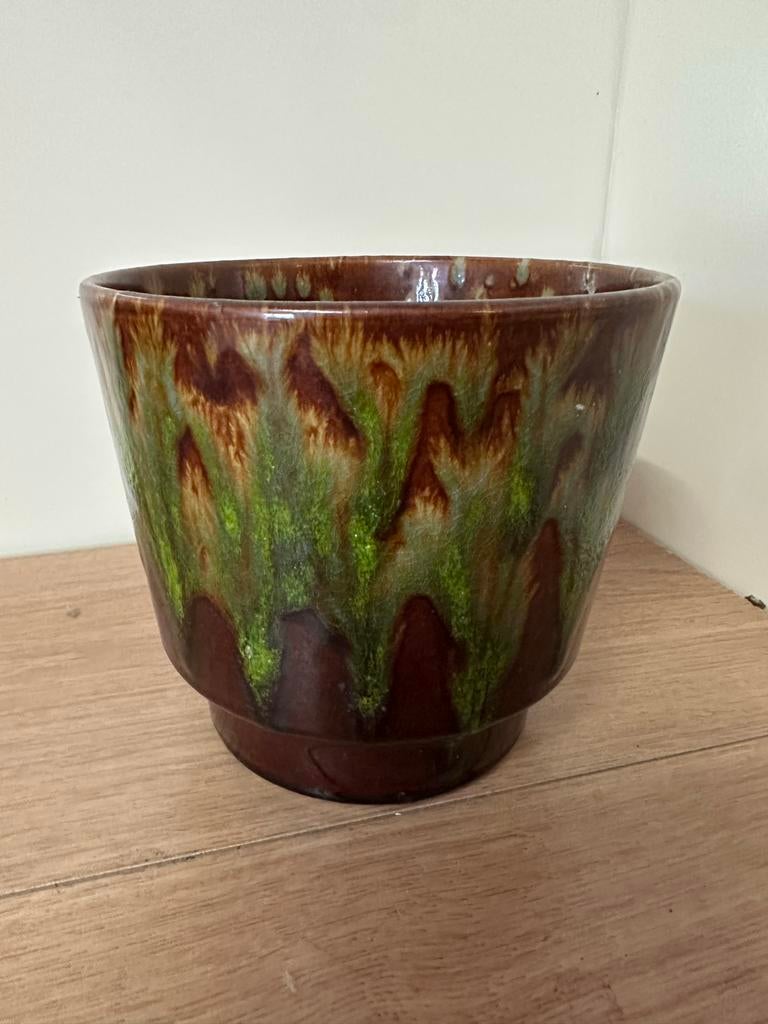 Vintage Bloempot Bruin Groen Keramiek 14,5 cm Hoog, Ophalen of Verzenden