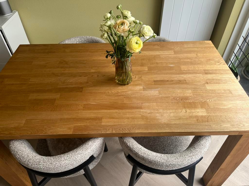 Massief eiken eettafel  L 160 x B 90 x H 76, Ophalen, 50 tot 100 cm, Zo goed als nieuw, 150 tot 200 cm