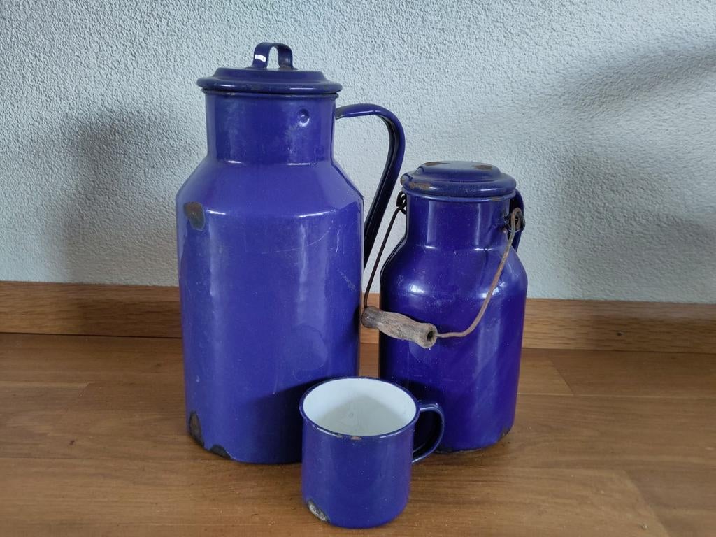 Emaille melkkan set + beker, Antiek en Kunst, Antiek | Emaille, Ophalen