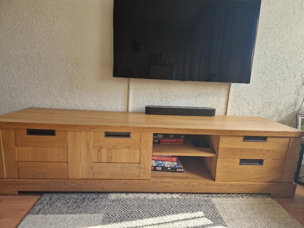 Massief eiken tv meubel, Ophalen, Gebruikt, Eikenhout, 200 cm of meer