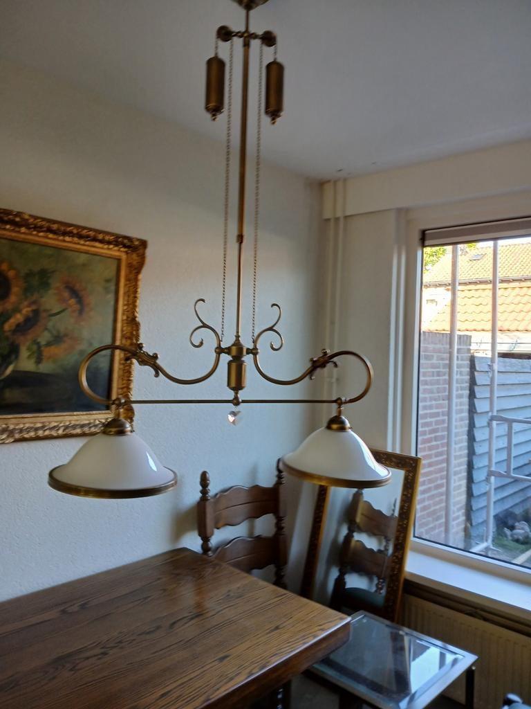 In hoogte verstelbare hanglamp met twee kappen, Huis en Inrichting, Lampen | Hanglampen, Ophalen, Gebruikt, Glas, 75 cm of meer