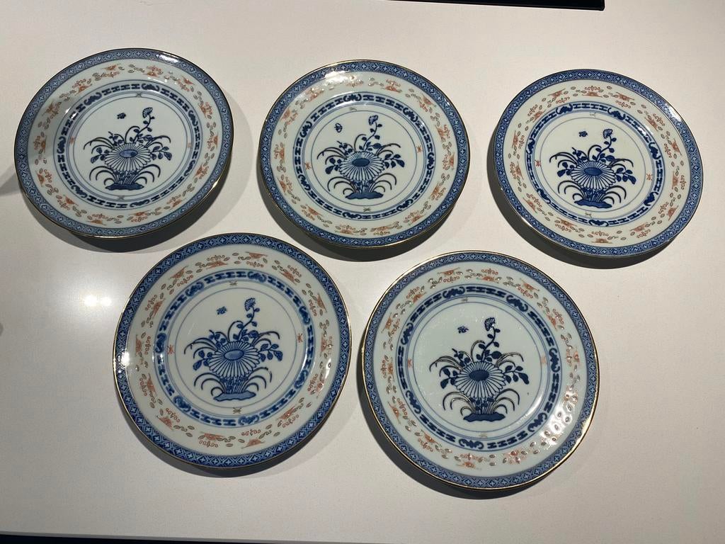 5 Chinese blauw/witte rijstoogkorrel dinerborden, Ophalen of Verzenden