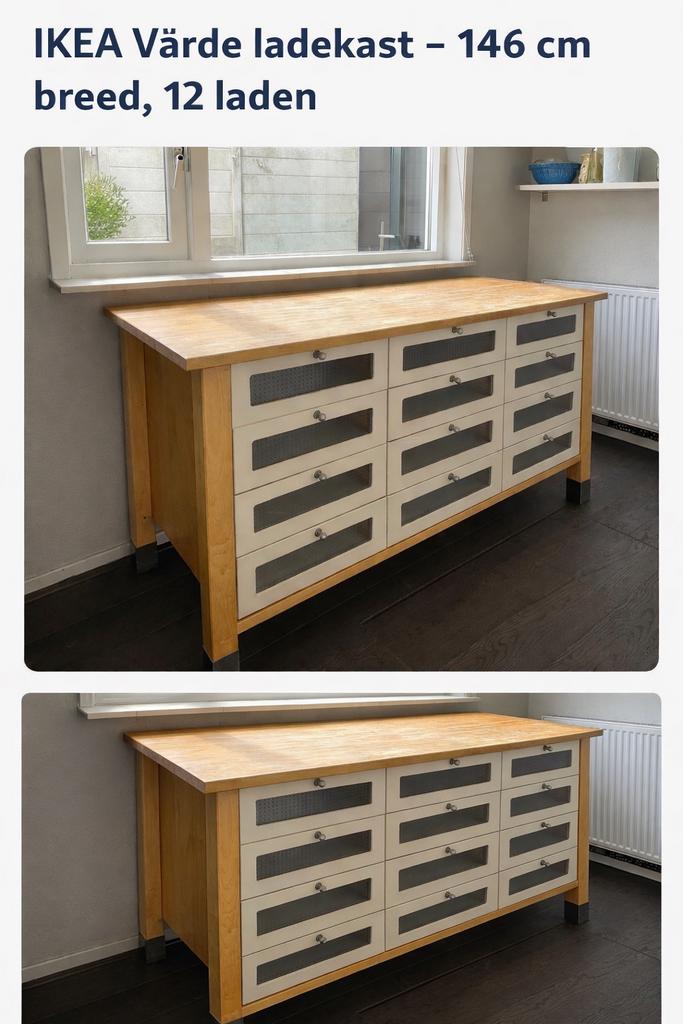 IKEA Värde ladenblok/keukeneiland 146 cm, beukenblad, 12 lad, Ophalen, Gebruikt, 100 tot 150 cm, 5 laden of meer