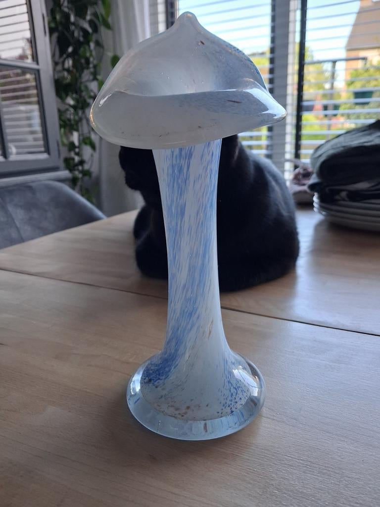 Unieke glazen paddenstoel vaas - Blauw en wit, Ophalen