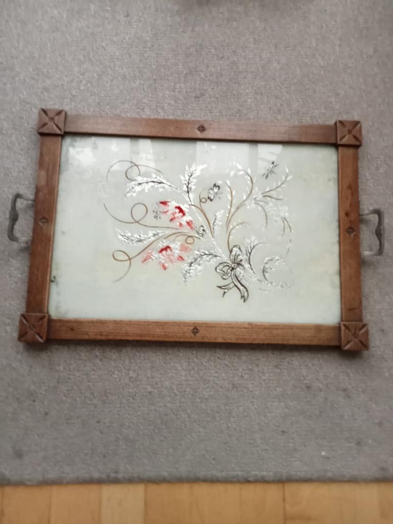 Antiek dienblad met houten frame en glasplaat, Ophalen