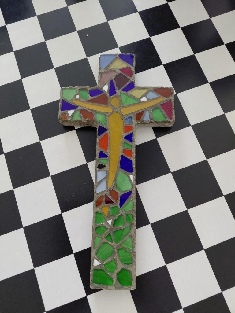 Oud kruis crucfix mozaiek gemerkt abstract jezus figuur, Ophalen of Verzenden