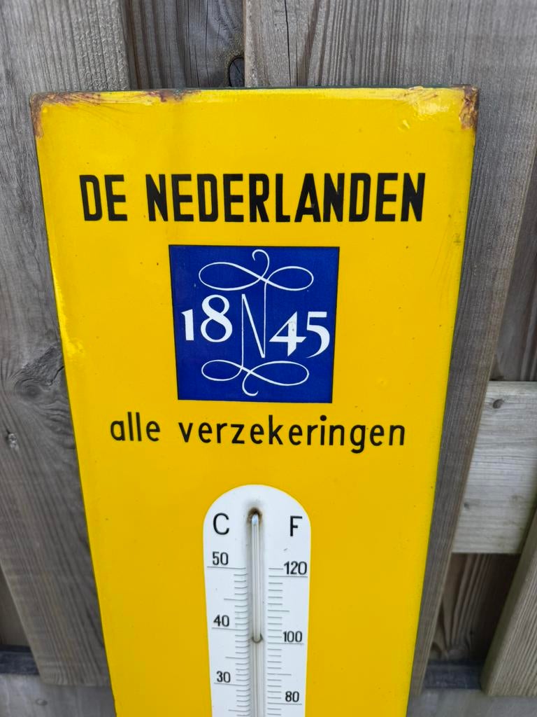 De Nederlanden Verzekeringen emaille thermometer, Verzamelen, Merken en Reclamevoorwerpen, Reclamebord, Gebruikt, I, Ophalen of Verzenden
